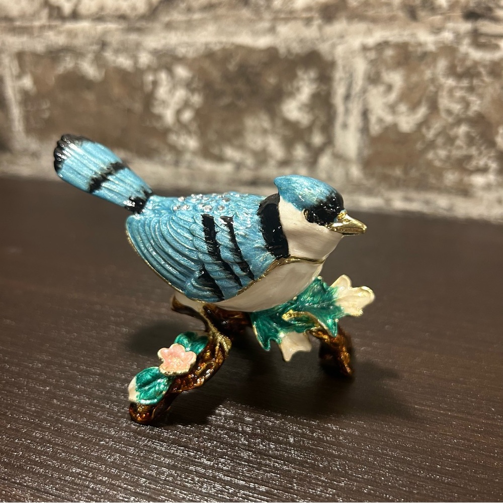 Blue Jay - Enamel & Crystal Trinket Keeper Box Tchotchke Figure